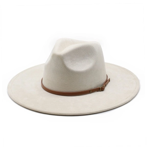Classic beige wide-brim jazz fedora hat with brown leather band and metal buckle