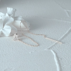 Macro detail of S925 sterling silver flower tassel ear line with zircon stones