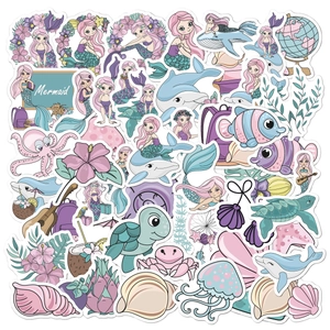 Detailed close-up of cute waterproof mermaid stickers for laptops and water bottles