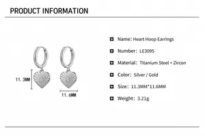Detail showing dimensions and material of silver heart earrings with inlaid zircon