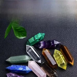 Close-up of assorted natural semi-precious gemstone double-pointed hexagonal crystals