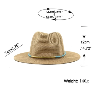 Unisex Fedora straw hat with turquoise bead band, 7cm brim, 12cm height for summer travel