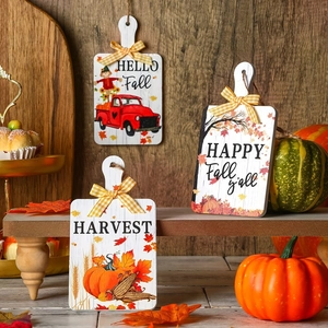 Lot de 3 plaques de porte d'automne en bois blanc rustique avec motifs de récolte