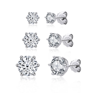 Classic six-prong D color moissanite stud earrings in 925 silver with three size options