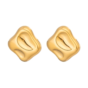 Detailed macro view of 18K gold plated stainless steel square earrings with wavy mirror finish