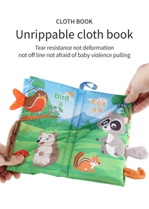 Detailed view of the tear-resistant soft cloth book with 3D animal tails for baby sensory play