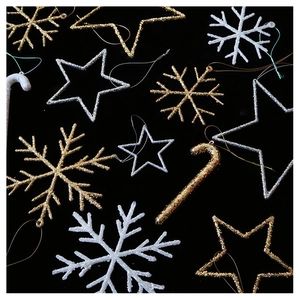 Glittery champagne gold and silver snowflake star and candy cane Christmas ornaments