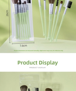 Detailed view of matcha green 8-piece makeup brush set with silver ferrules and pouch