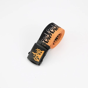 Close-up of Harajuku hip hop canvas belt featuring vibrant orange flame prints on black fabric