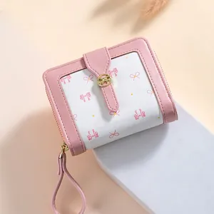 Women PU Leather Short Wallet With Bowknot Design And Wristlet Strap Sweet Bifold Purse For Girls Daily Use