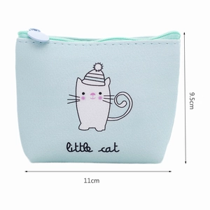 Detailed view of blue PU coin purse with cat print and 11x9.5cm size markings