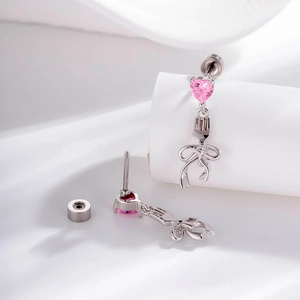 Cute silver bow heart earrings with pink zircon studs and fork detail for women