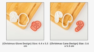 Detail of Christmas glove and candy cane cookie cutters with dimensions on wooden board