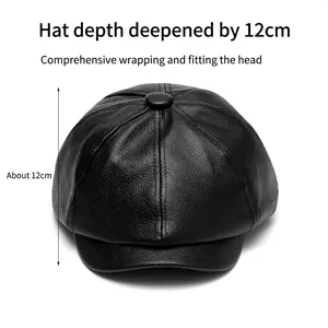 Winter faux leather newsboy cap with 12cm deep crown and soft cotton lining