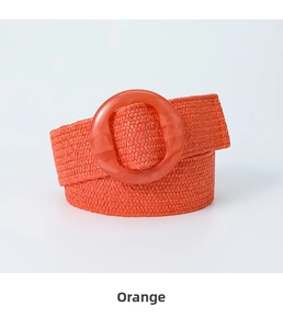 Detail of orange elastic woven PP straw belt featuring a polished resin buckle