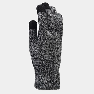 Detail of knitted touchscreen gloves with elastic ribbed cuffs and mixed gray texture