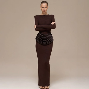 Detailed close-up of brown bodycon dress with black pleated waist patchwork detail