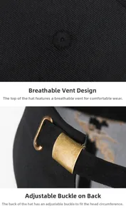 Détail des œillets respirants et de la boucle en bronze réglable sur la casquette noire