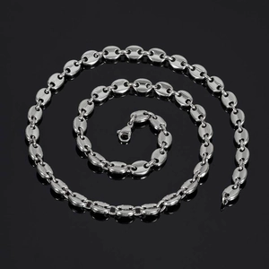 Polished 8mm stainless steel coffee bean link chain necklace with lobster clasp on black background