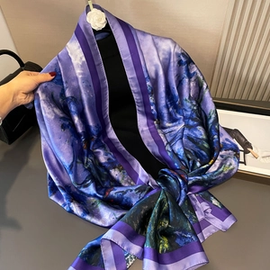Purple satin silk scarf featuring Van Gogh's Iris print with elegant drape