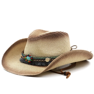 Bohemian gradient straw cowboy hat with ethnic beaded band and turquoise stone detail