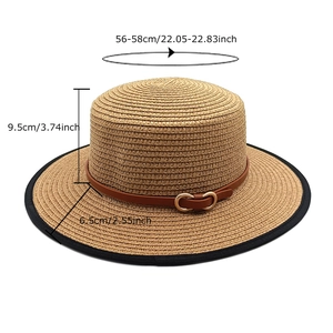 Flat top straw sun hat with black trim and brown leather band, showing detailed dimensions