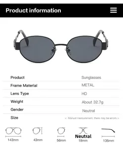 Detailed size specifications for oval metal frame sunglasses showing frame dimensions
