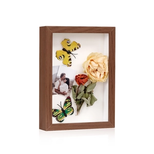 3D brown wood grain shadow box frame with deep space for dried flowers and specimens