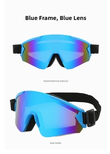 Front and side view of blue cycling goggles with reflective lenses and sponge padding