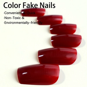 Glossy deep wine red rectangular press-on nails in various sizes on white background