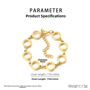 Detailed view of adjustable golden stainless steel chain bracelet with product dimensions