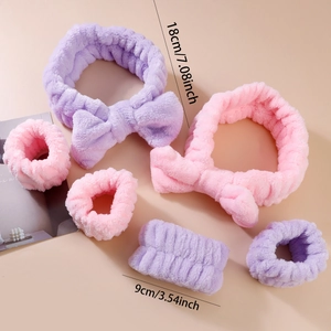 Pink and purple coral fleece headband set with bows for face washing and spa skin care