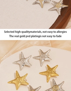 Detail of PVD gold plated starfish stud earrings with realistic biological textures