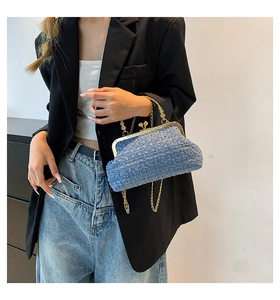Blue tweed crossbody bag with gold chain and pearl clasp worn with black blazer