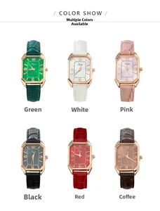 Detailed display of six colorful quartz watches with rose gold octagonal cases and leather straps