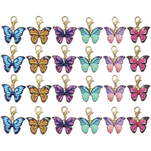 Set of 24 colorful alloy butterfly charms with gold lobster clasps in six assorted colors