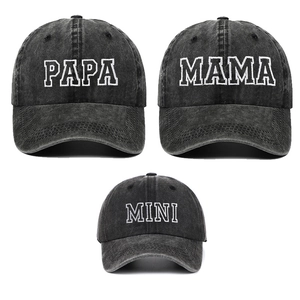 Family set of washed denim baseball caps with PAPA MAMA and MINI white embroidery