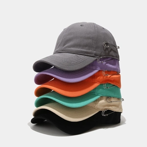 Cotton Baseball Cap With Metal Safety Pin Decoration Streetwear Adjustable Curved Brim Hip Hop Sun Hat Unisex Punk
