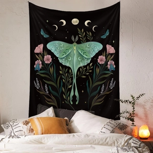 Bohemian Luna Moth tapestry with lunar phases and pink flowers for bedroom wall decor