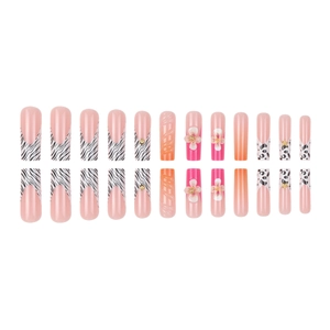 Long coffin fake nails with 3D pink flowers, leopard print and zebra stripes design