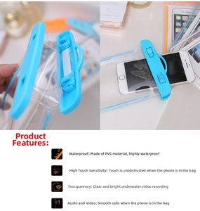 Close-up of blue PVC waterproof phone pouch showing dual seal clips and touch screen use
