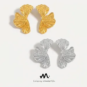Ginkgo Leaf Hammered Earrings Titanium Steel Textured Fan Shaped Jewelry For Women Elegant Floral