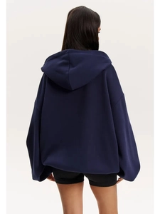 Navy blue oversized hoodie featuring a dropped shoulder design and loose retro fit