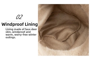 Detail of warm faux suede lining and thick plush faux fur trim on a winter bucket hat