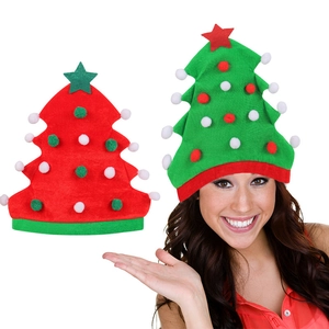 Christmas tree party hat with colorful plush pom-poms and star topper in red and green