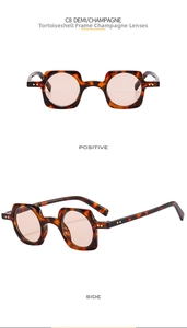Detail view of square tortoiseshell frame sunglasses with round champagne tinted lenses