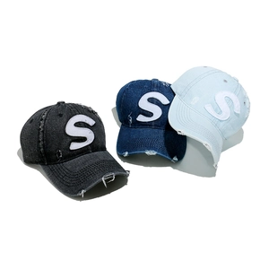 Vintage-Denim-Baseballkappe mit S-Buchstaben-Stickerei in Schwarz und Blautönen