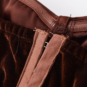 Deep brown velvet camisole top with invisible zipper and metal hook-and-eye closure detail