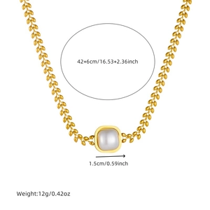 Gold-plated stainless steel wheat chain necklace with pearl pendant and dimensions