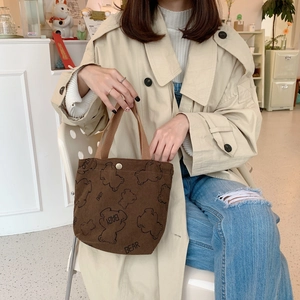 Brown corduroy baby bear tote bag with high capacity and cute cartoon pattern for lunch